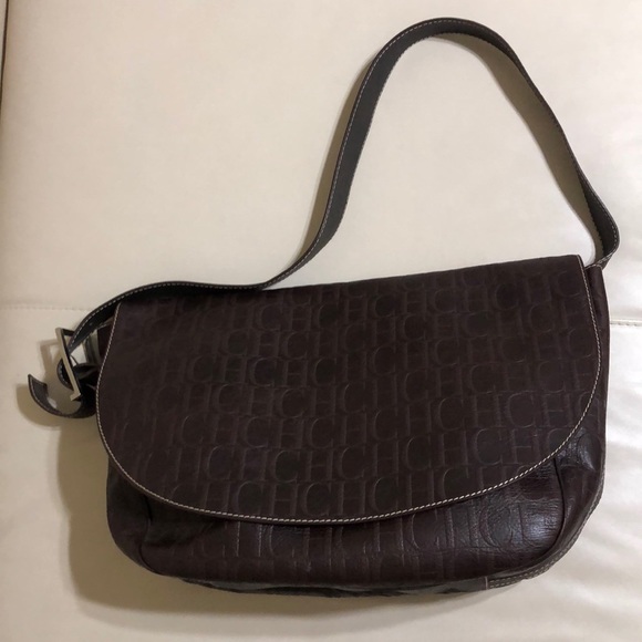 Carolina Herrera CH Monogram Large Leather Messenger Shoulder Bag Brown - Picture 2 of 10